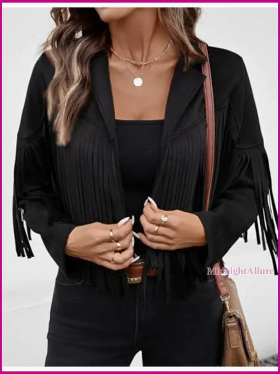 Faux Suede Cropped Jacket with Fringe Tassels, Western Style, Lined - Picture 5 of 7